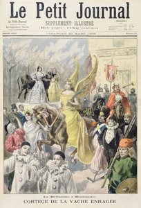 Página de título que representa la procesión de la vaca loca, mitad de Cuaresma en Montmartre, ilustración del suplemento ilustrado de Le Petit Journal, 22 de marzo de 1896